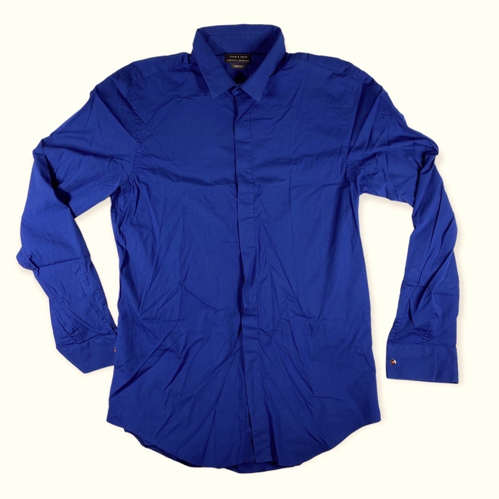 Men’s Zara Man Long Sleeve Button Down Blue Shirt Size Large 42 Slim Fit
